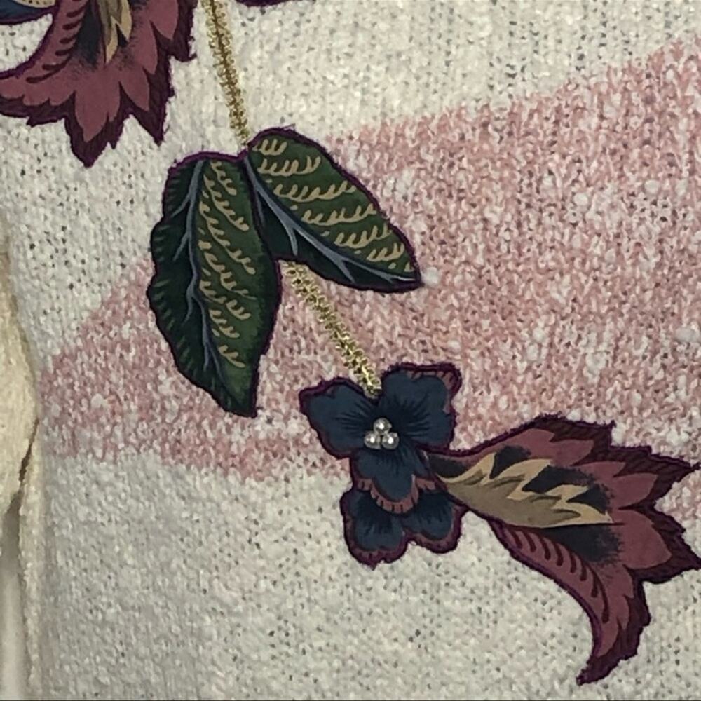 Vintage 90s Floral Embroidered Sweater L Cream Pearl Applique Cottagecore Retro - Picture 13 of 14